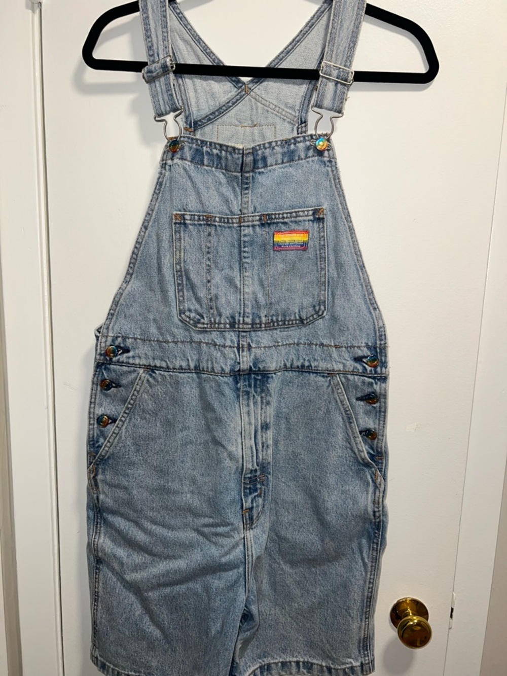 Levi's Light Blue Denim Short Overalls with Rainbow Patch